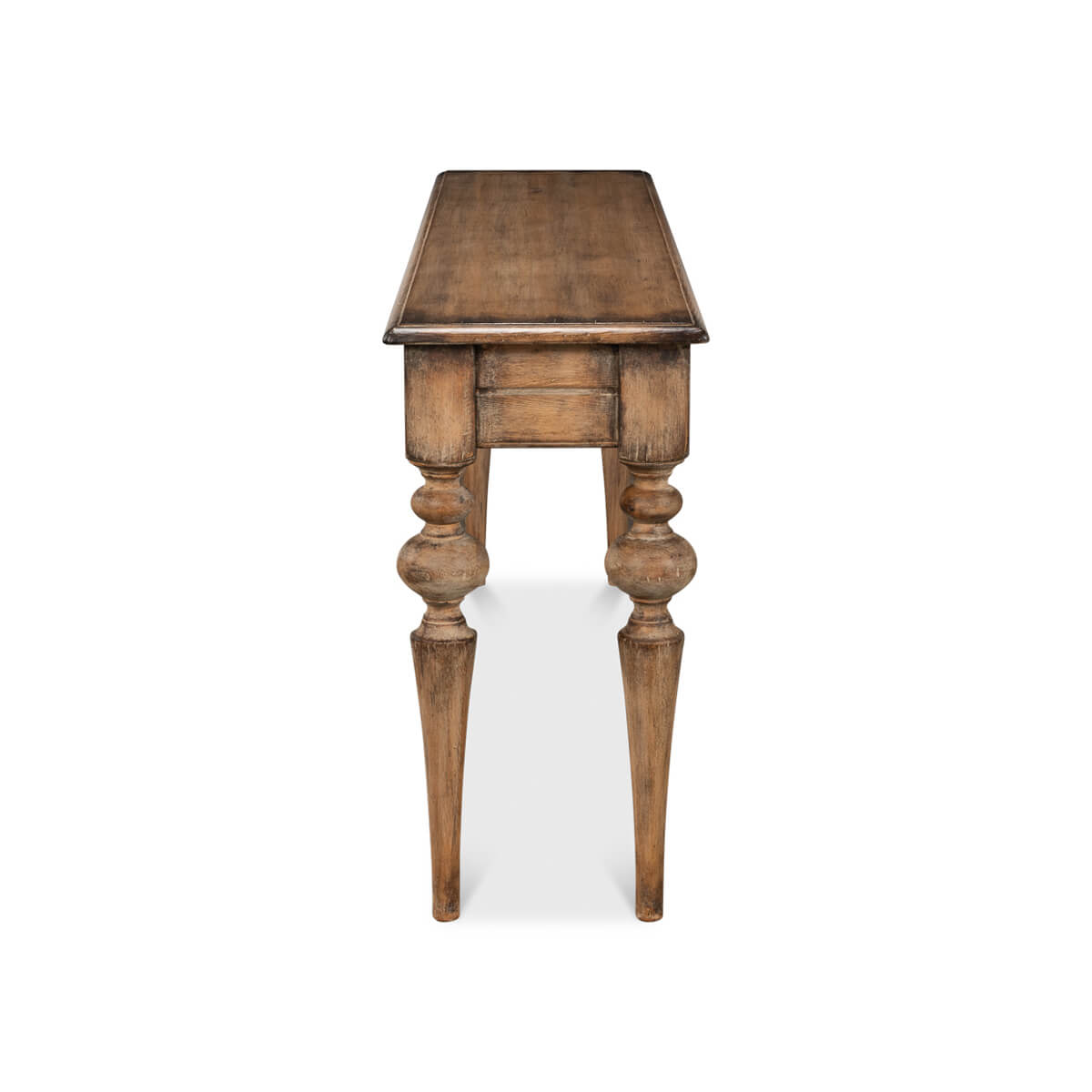Side perspective of rustic pine console table.