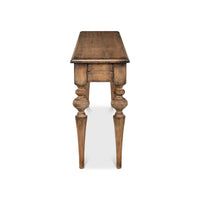 Side perspective of rustic pine console table.