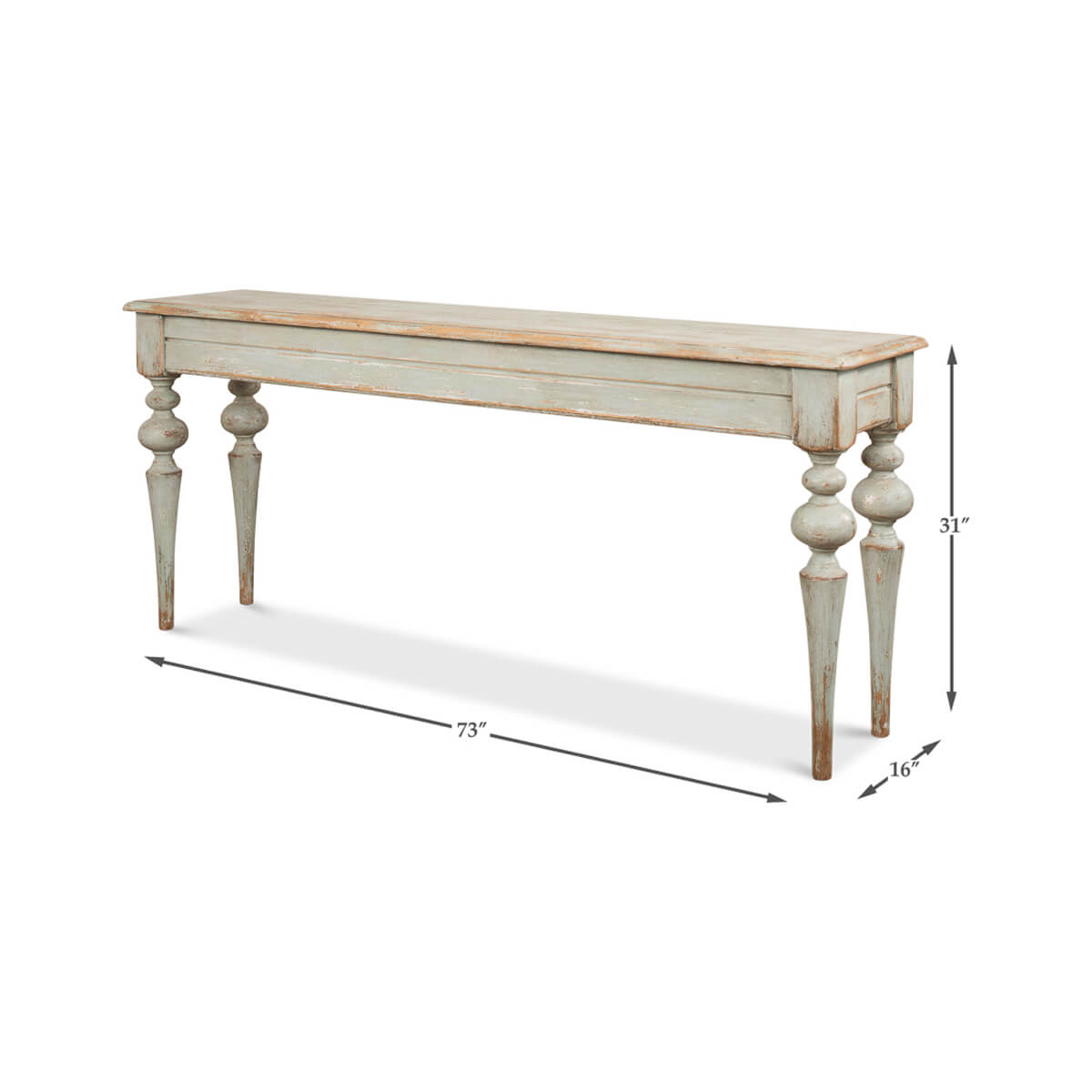 Rustic sage console table dimensions and side view.