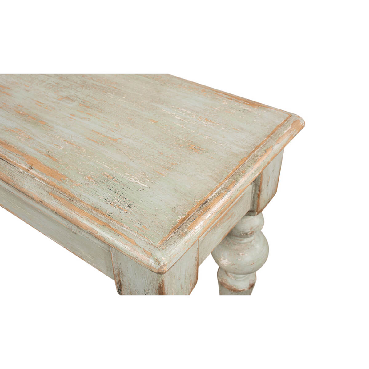 Rustic sage console table top close-up.