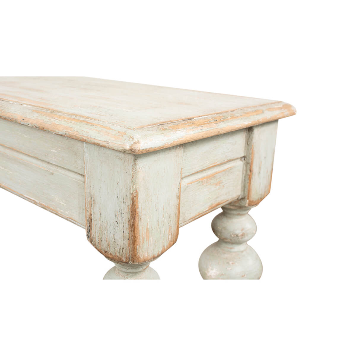 Rustic sage console table corner and leg view.