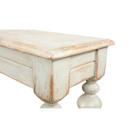 Rustic sage console table corner and leg view.