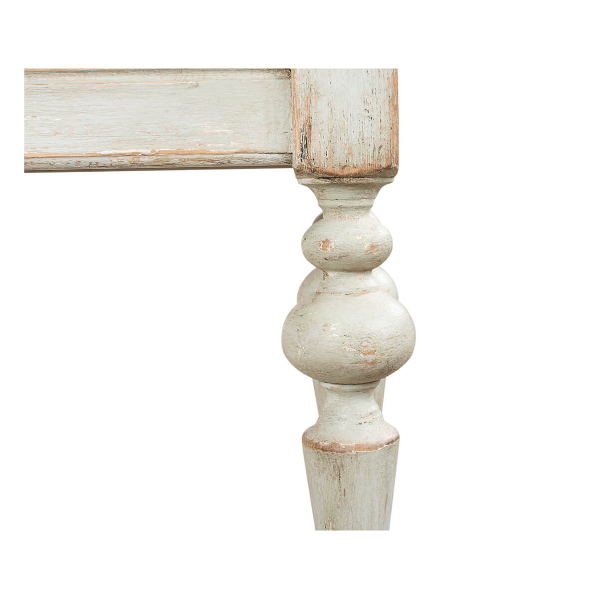 Rustic sage console table ornate leg detail.