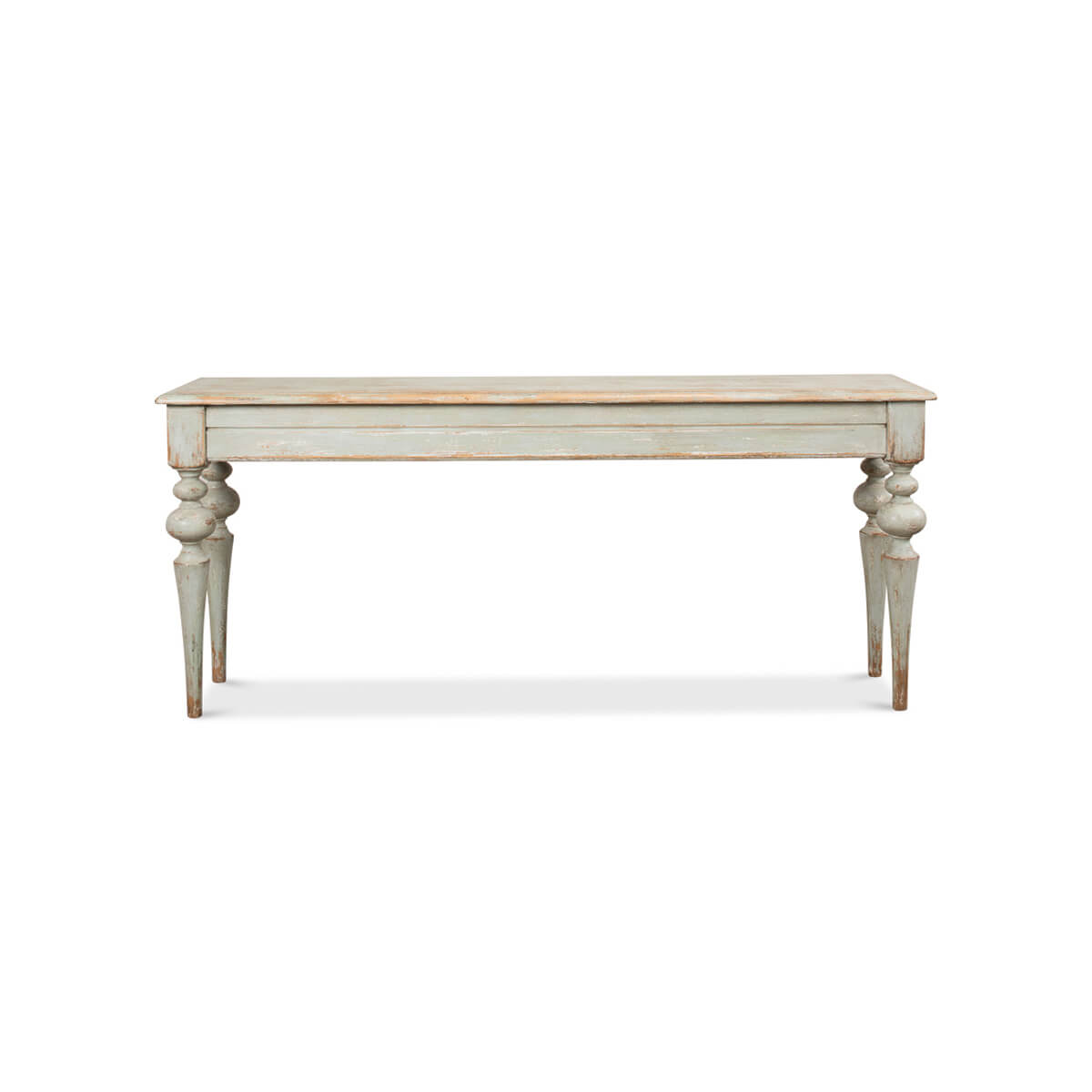 Rustic sage console table front perspective.