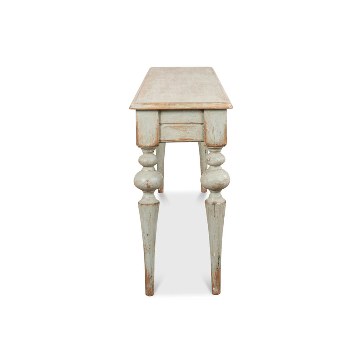 Rustic sage console table side perspective.