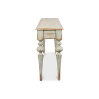 Rustic sage console table side perspective.