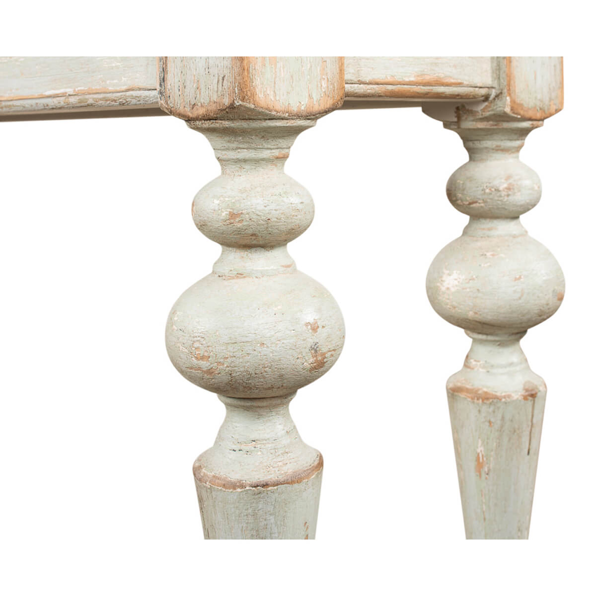 Rustic sage console table leg detail.