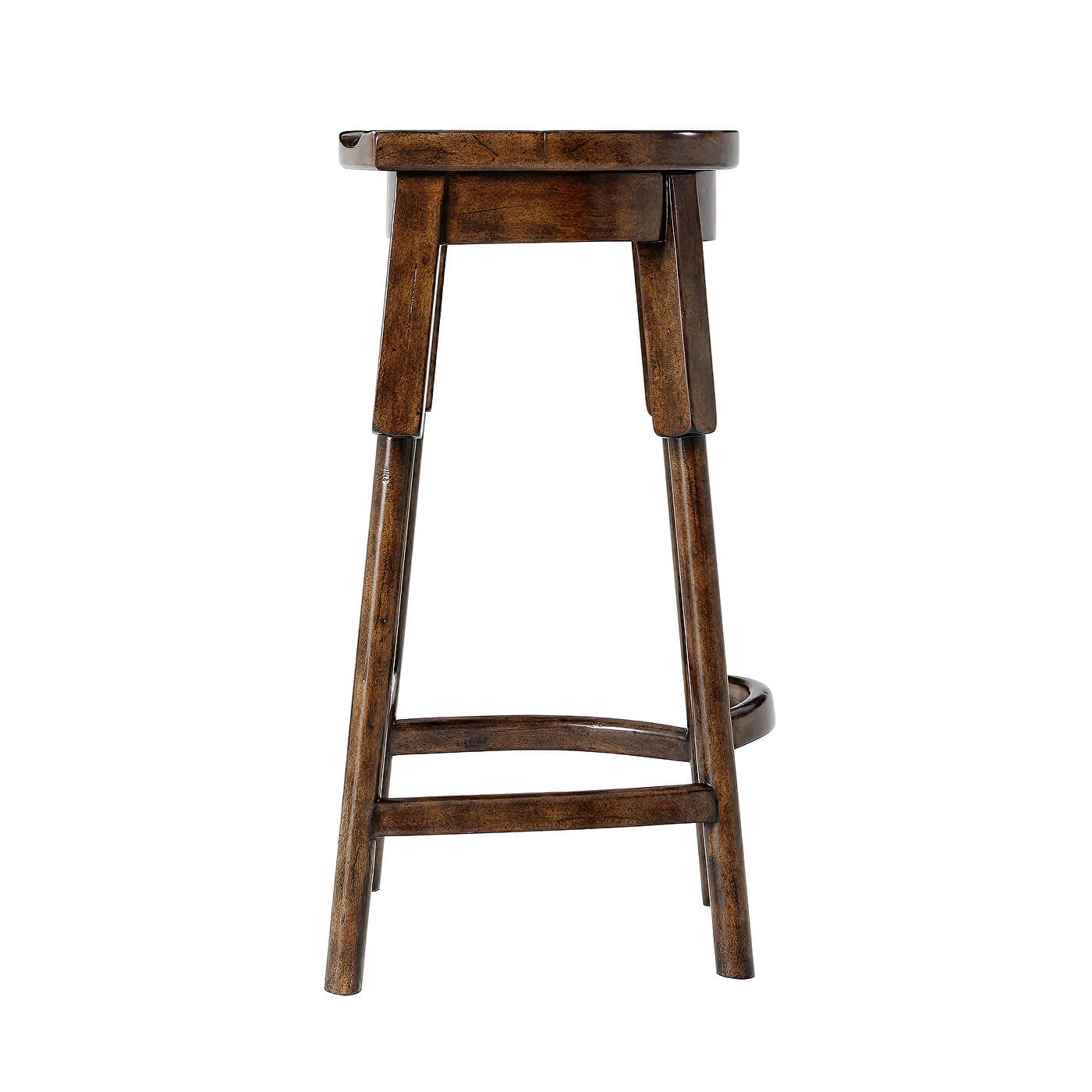 Rustic wooden bar stool side profile view.