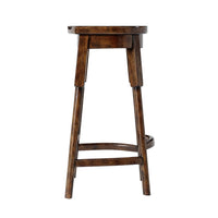 Rustic wooden bar stool side profile view.