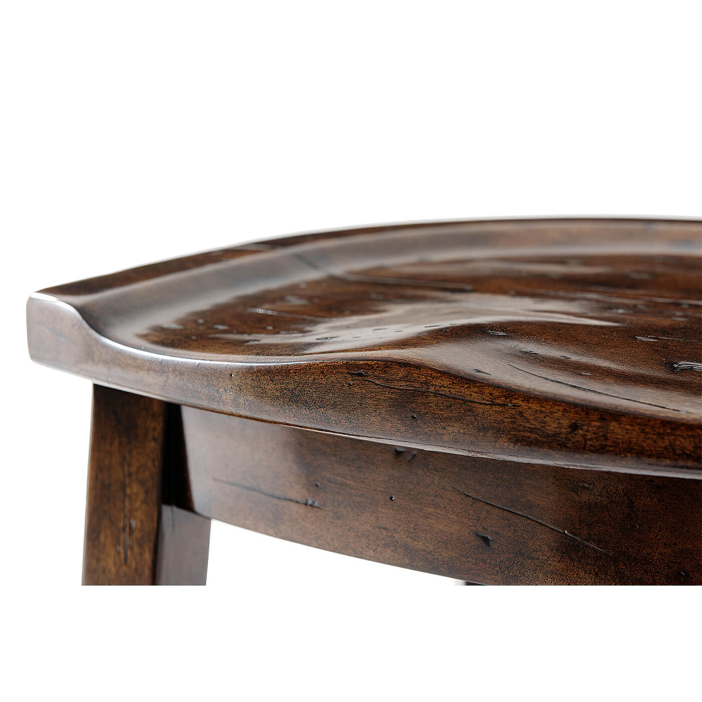 Rustic wooden bar stool close-up top detail.