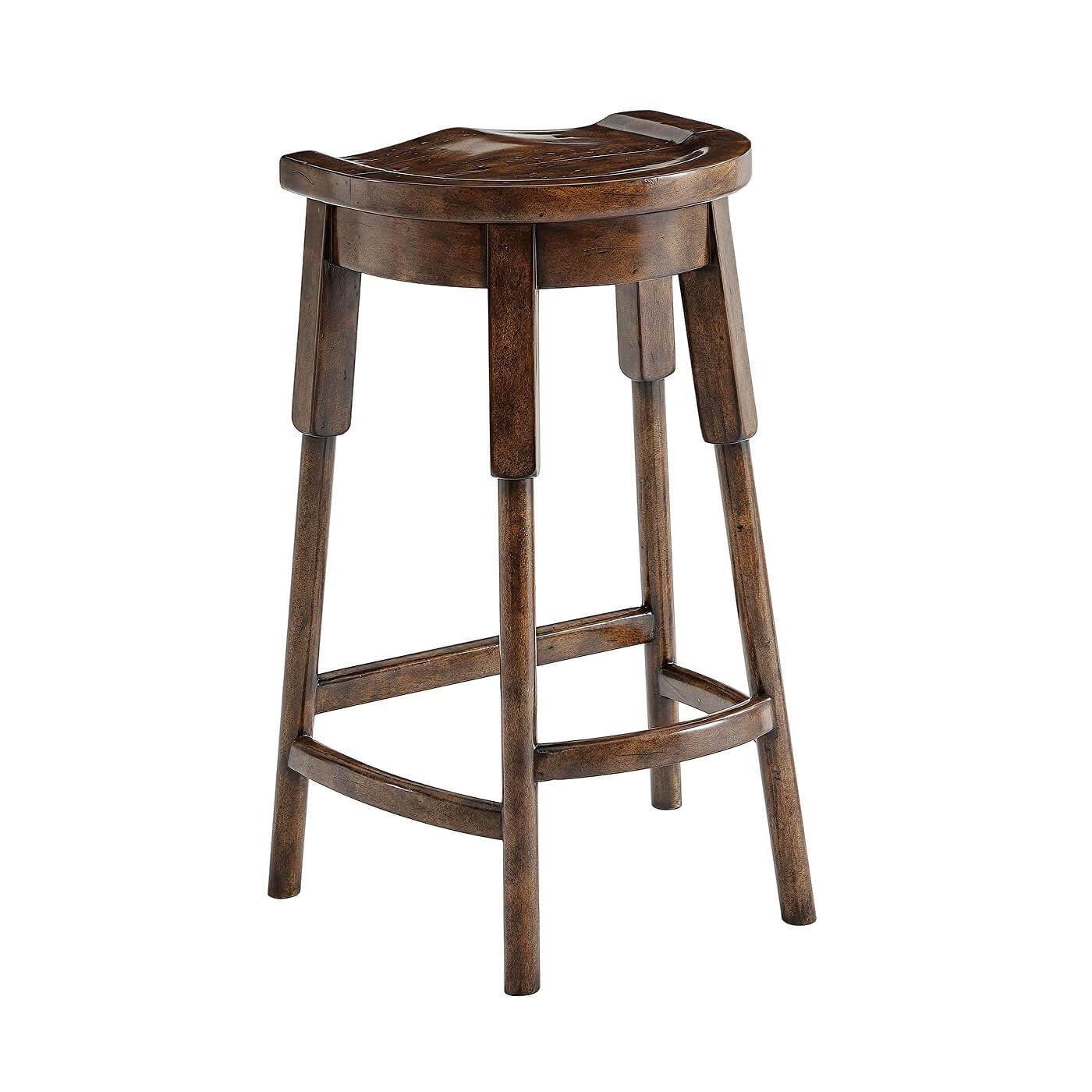 Rustic wooden bar stool angled view front side.