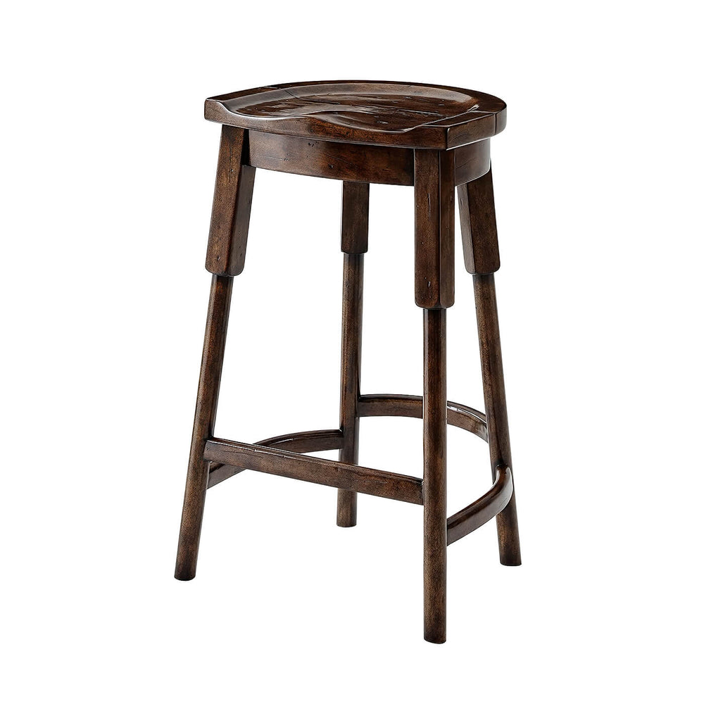 Rustic wooden bar stool angled view front top.
