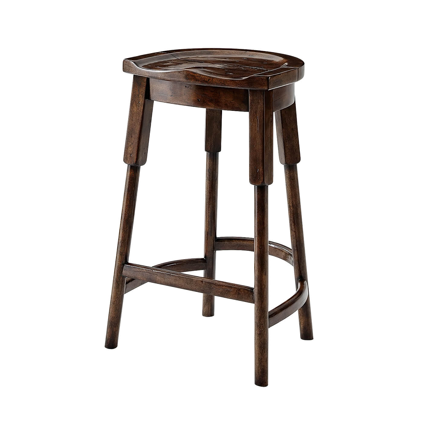 Rustic wooden bar stool angled view front top.
