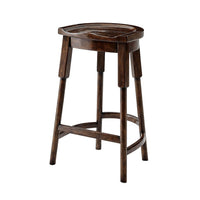 Rustic wooden bar stool angled view front top.