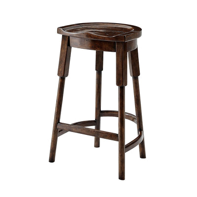 Rustic wooden bar stool angled view front top.