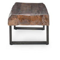 End view of the reclaimed wood bench showing the thick contoured seat above a rectangular iron base