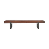 Front view of the 74-inch reclaimed wood bench showing its thick plank seat and two dark iron supports