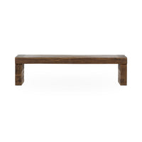 Front view of the reclaimed wood bench showing its thick plank seat and two broad end legs