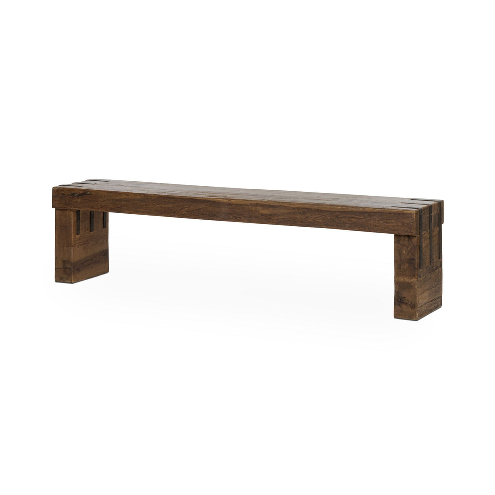 Reclaimed wood bench at an angle, with a thick brown plank seat and broad end legs