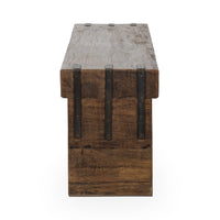 End view of the reclaimed wood bench showing three dark straps across the thick seat and plank leg