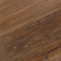Close-up of the reclaimed wood bench surface showing brown grain, plank seams and weathered marks