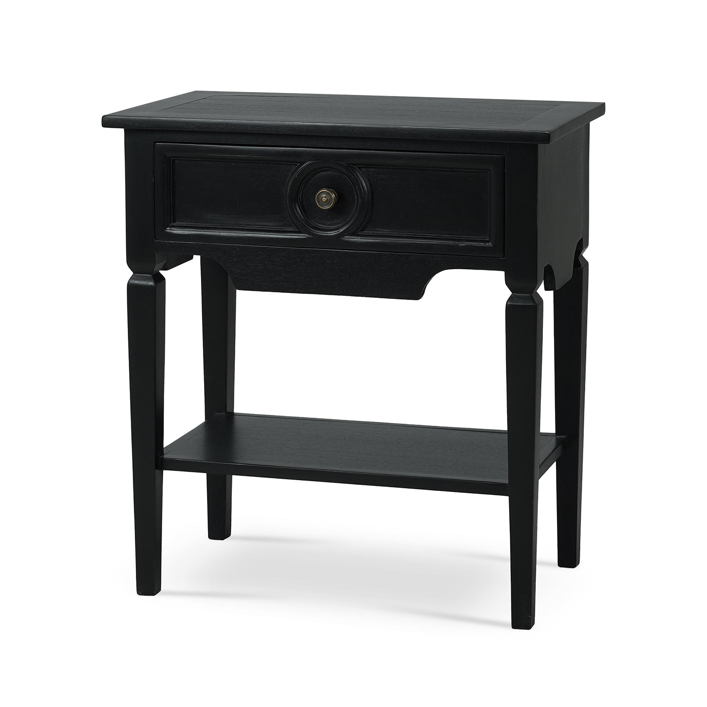 Rustic black end table angled view with unique design