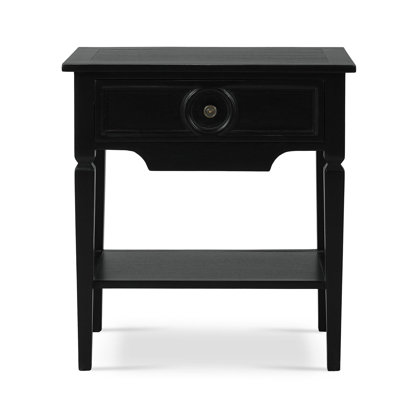 Rustic black end table front view with drawer detail