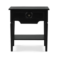 Rustic black end table front view with drawer detail