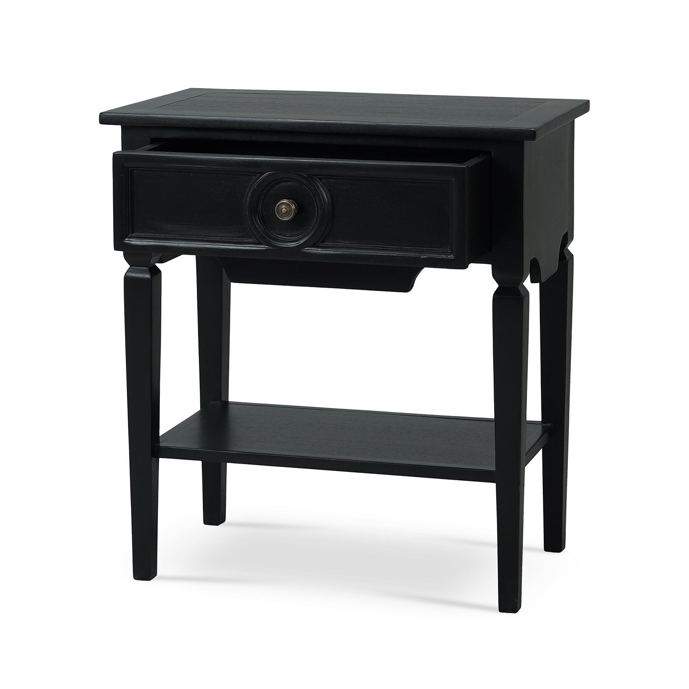 Rustic black end table angled with open drawer