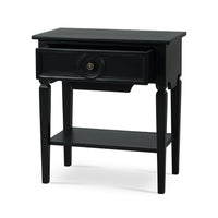 Rustic black end table angled with open drawer
