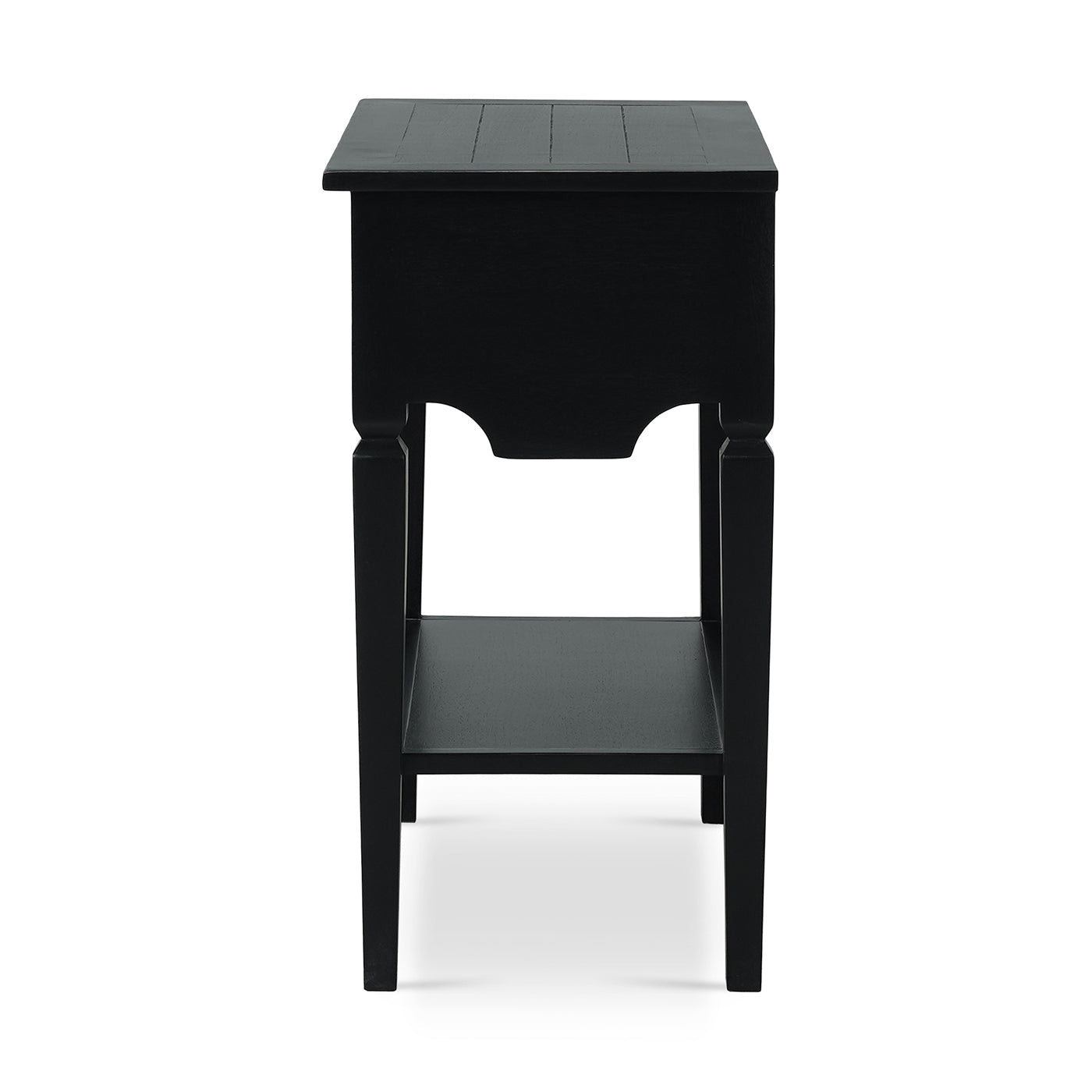 Rustic black end table side view showing profile