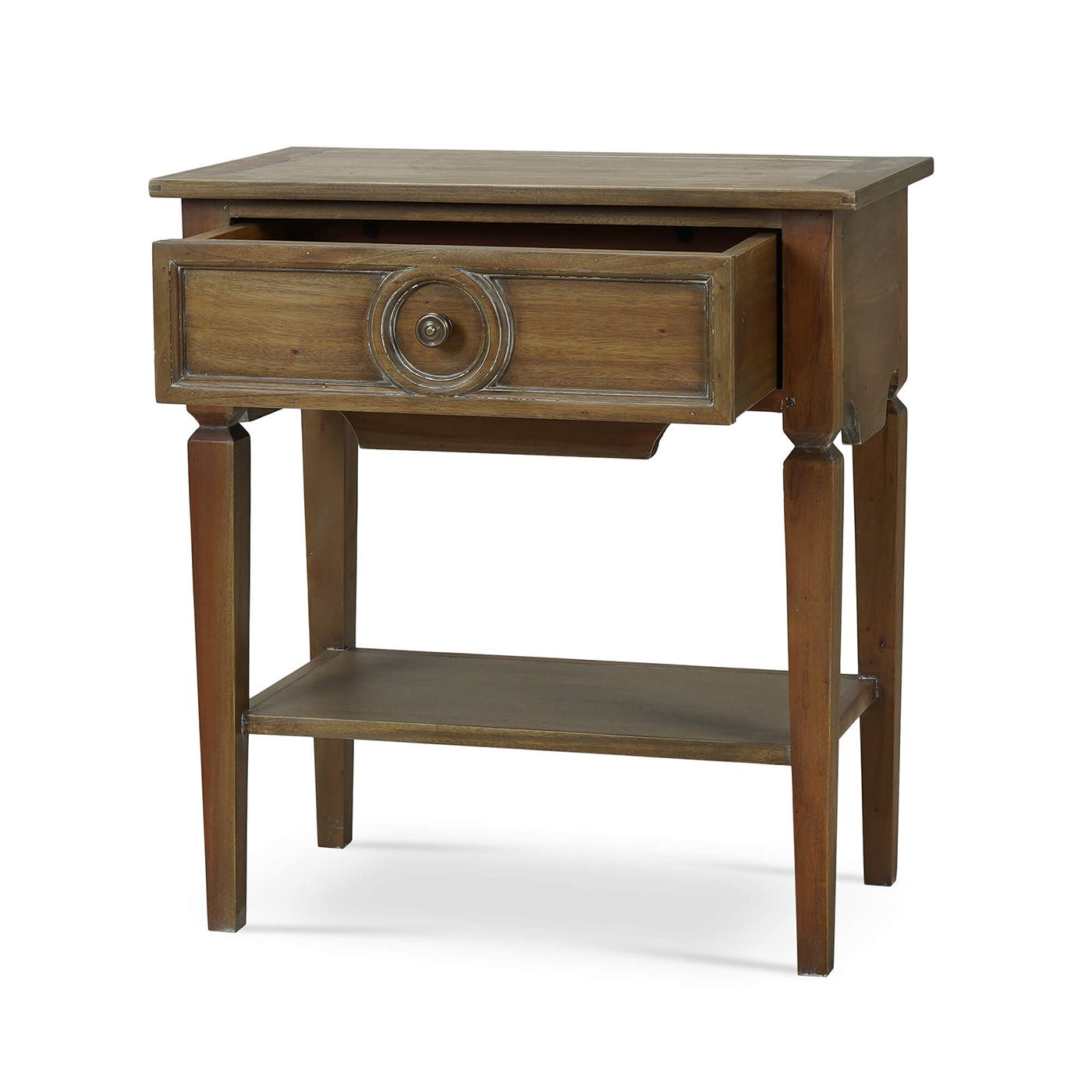Rustic end table side view with open drawer.