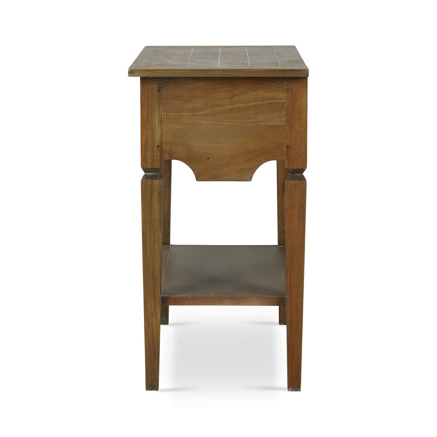 Rustic end table side view showing leg design.