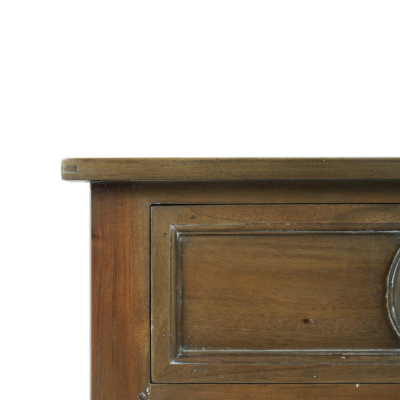 Rustic end table corner view highlighting craftsmanship.