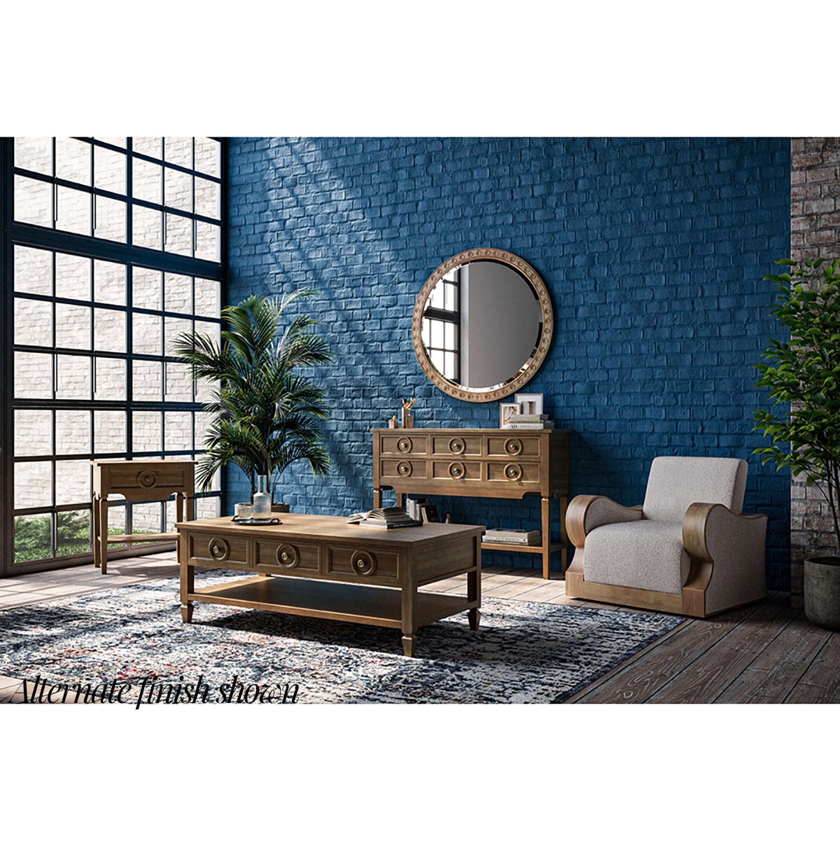 Rustic end table in styled living room setting.
