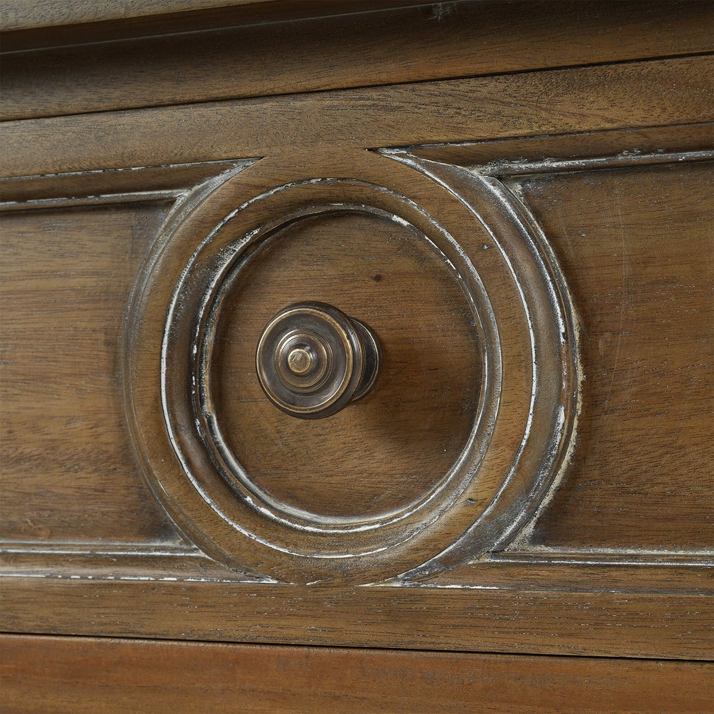Rustic end table drawer knob close-up detail.