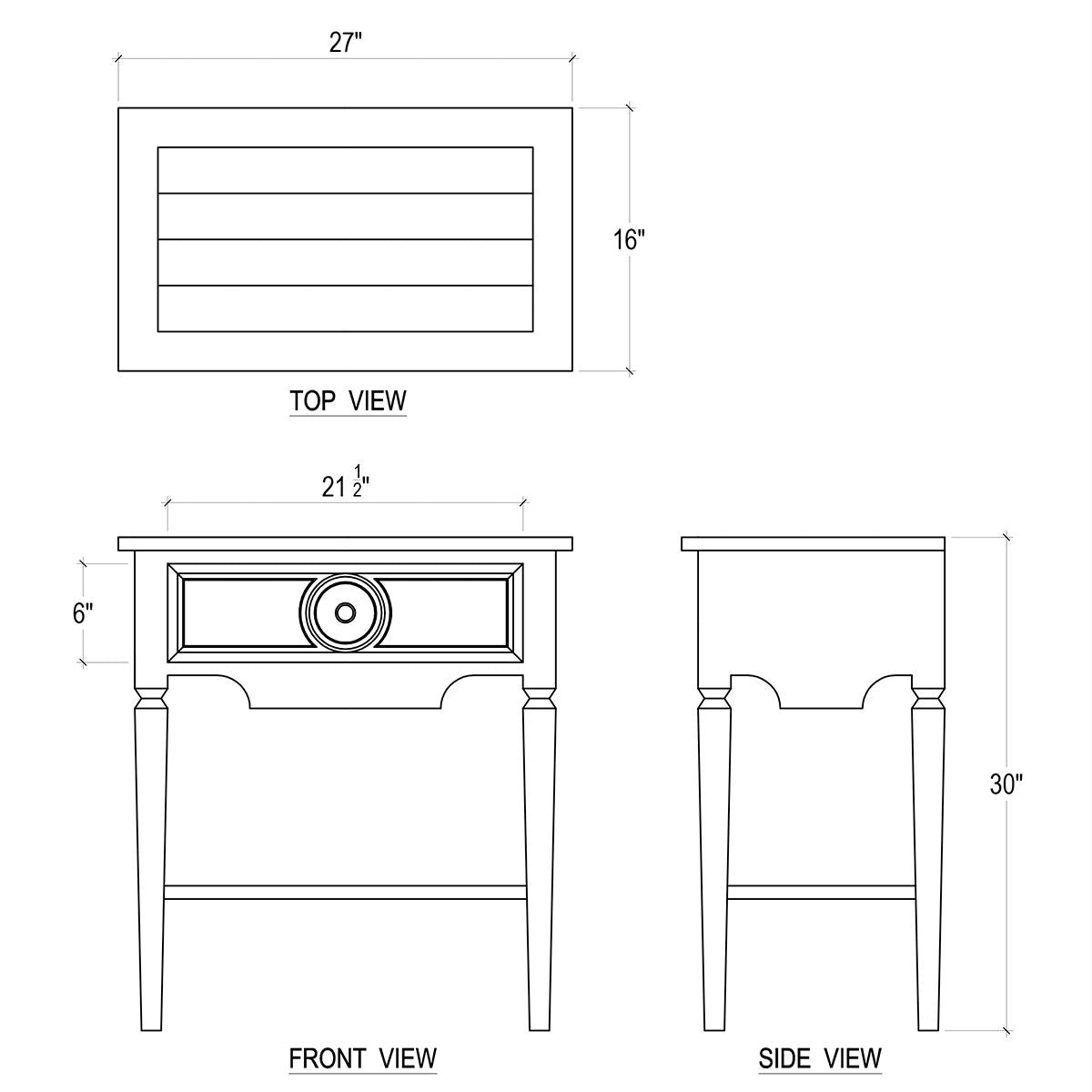 Rustic end table dimensions sketch in multiple angles.