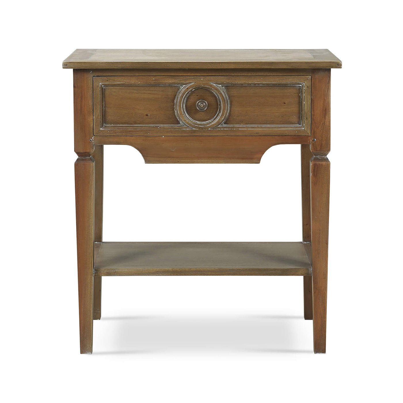 Rustic end table direct front view, closed drawer.