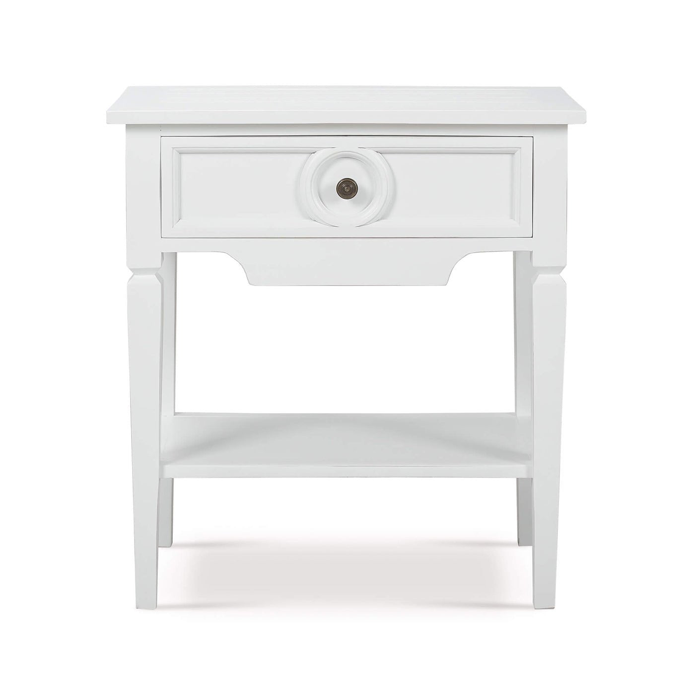 White end table, front view, featuring drawer and shelf.