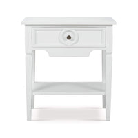 White end table, front view, featuring drawer and shelf.