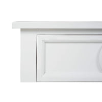 White end table, close-up of side panel and drawer.