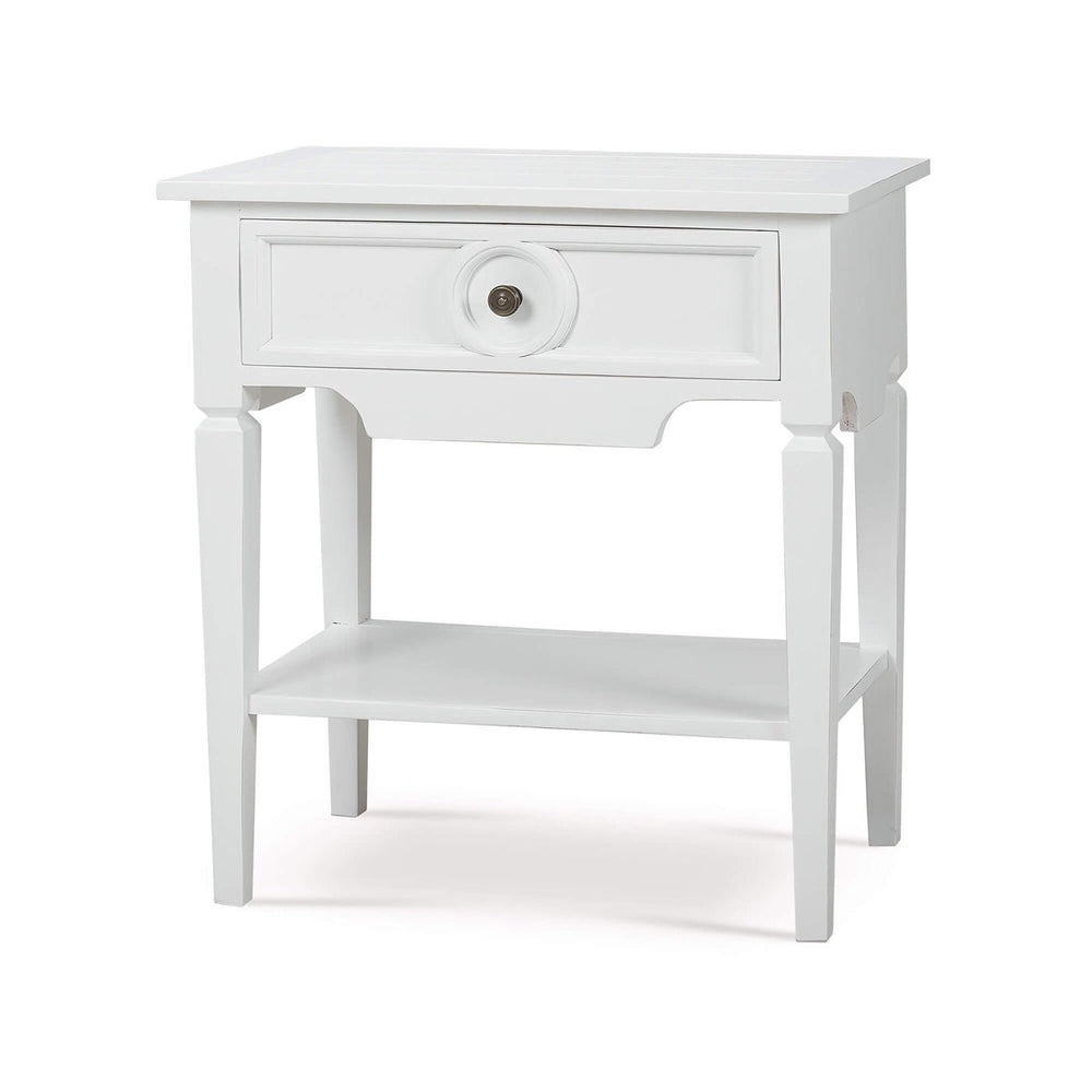 White end table, angled view, highlighting drawer and shelf.