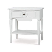 White end table, angled view, highlighting drawer and shelf.