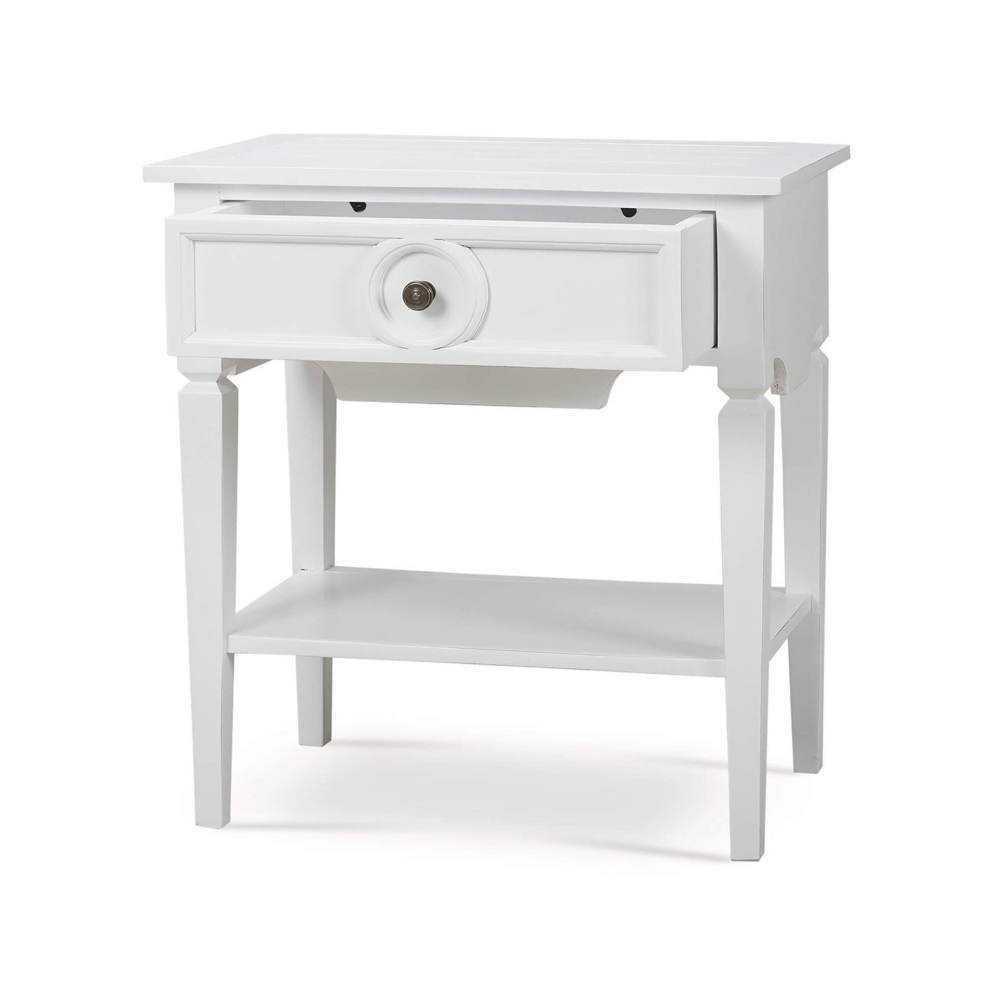 White end table, angled view, open drawer visible.
