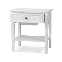 White end table, angled view, open drawer visible.