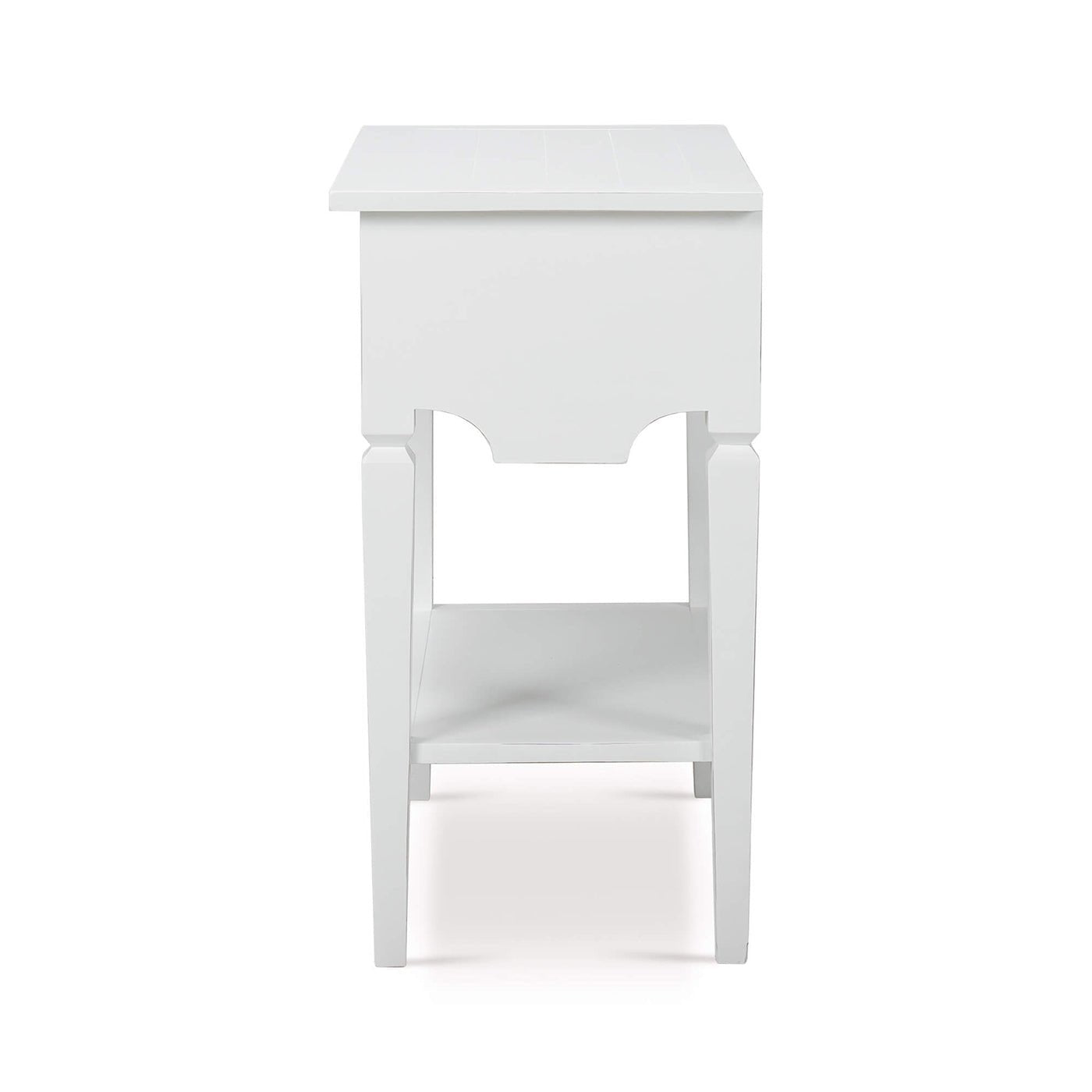White end table, side view, showing structure and shelf.