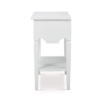 White end table, side view, showing structure and shelf.