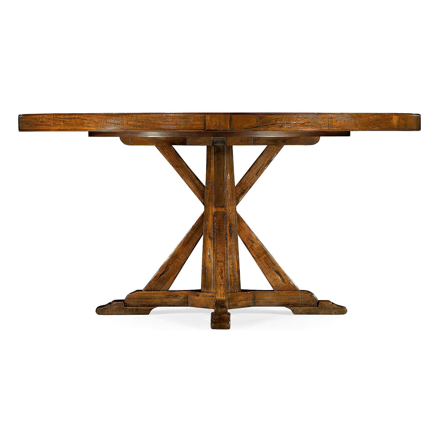 Side view of rustic round dining table structure.