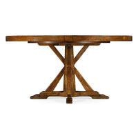 Side view of rustic round dining table structure.