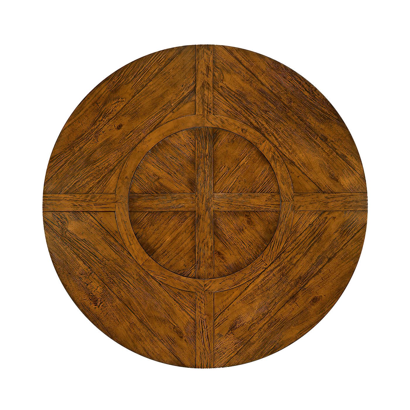 Top view of round dining table with wood design.